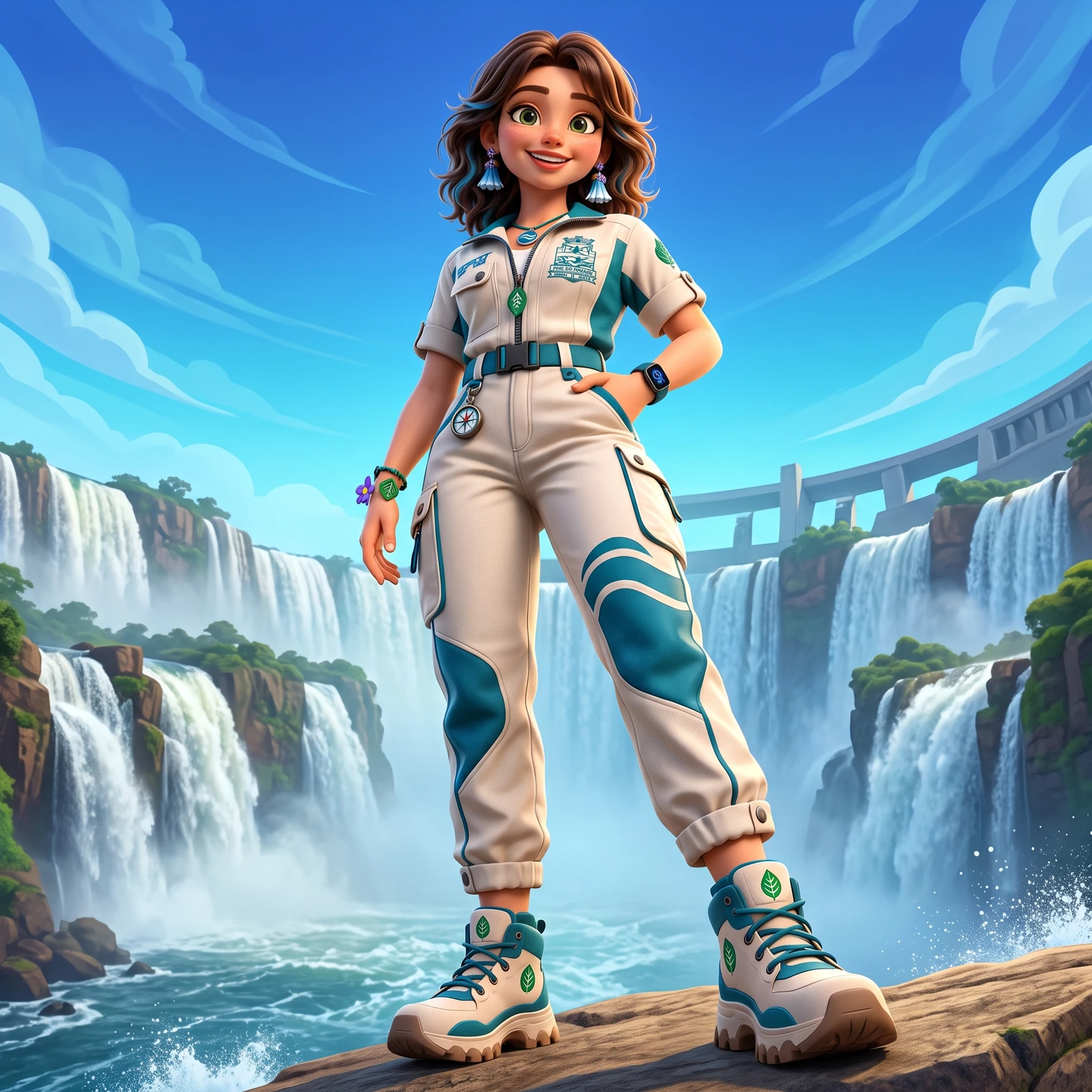 Iara, personagem de Foz do Iguaçu, em um cenário ilustrado de cataratas