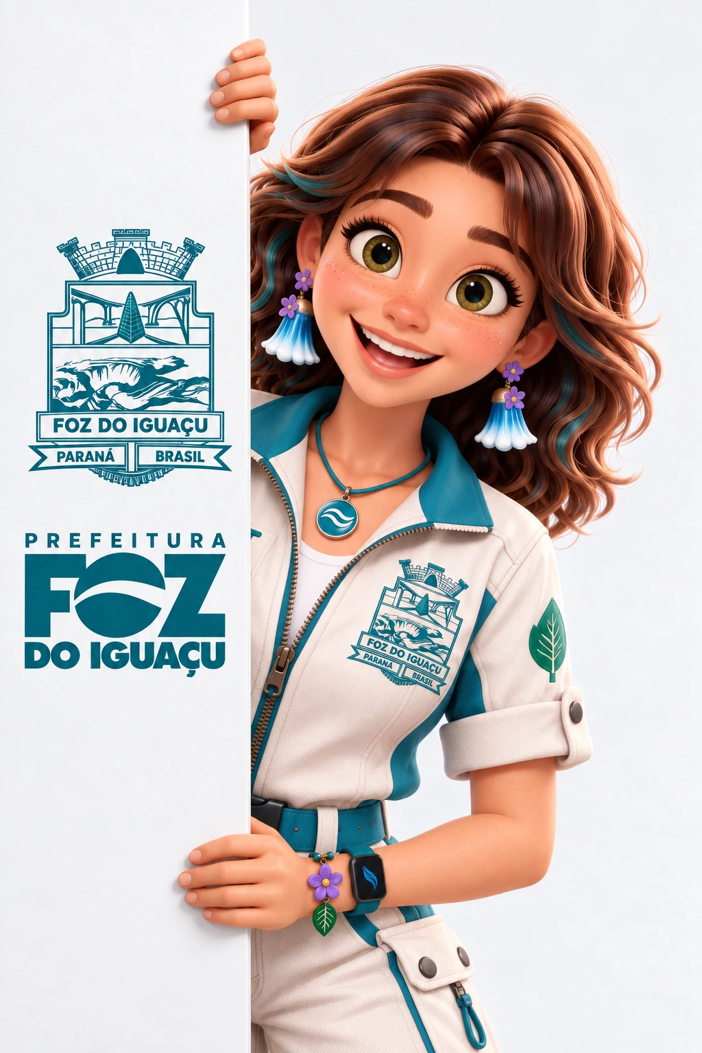 Iara aparecendo ao lado da identidade visual de Foz do Iguaçu